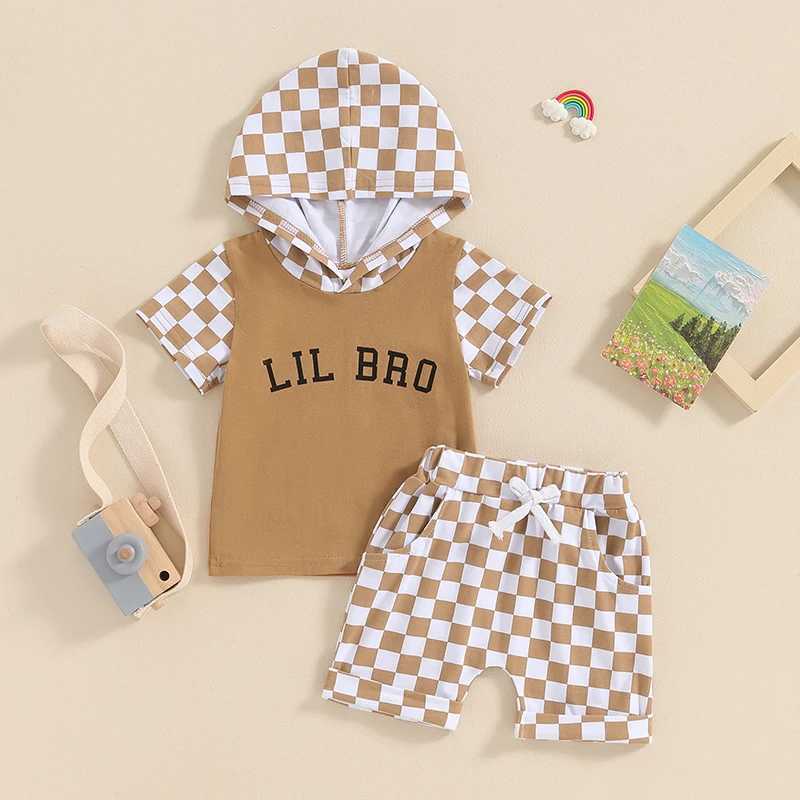 Clothing Sets 2024-03-06 Lioraitiin Toddler Boys Summer Clothes Set Short Sleeve Letter Checkerboard Print Hooded Tops+Drstring Short Set