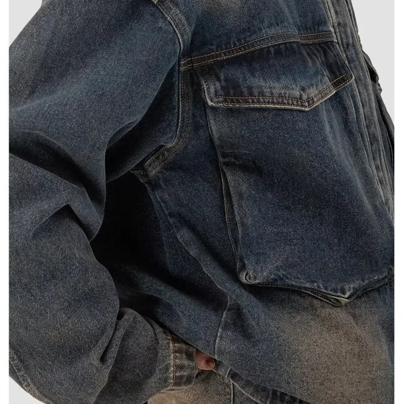 Casual Loose Cargo Denim Jacket Man Woman Hip Hop Retro Wash Cowboy Jackets Spring Autumn Big Pocket Zipper Varsity Outwear 240712