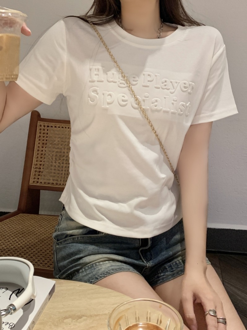 40 count pure cotton 2024 summer clothing foam letter short sleeved T-shirt for women with waist cinching, niche