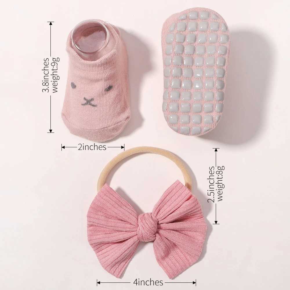 0-1Y cartoon baby socks headband set anti slip breathable short socks for infants and toddlers newborn bow headband gift set photo propsW240715