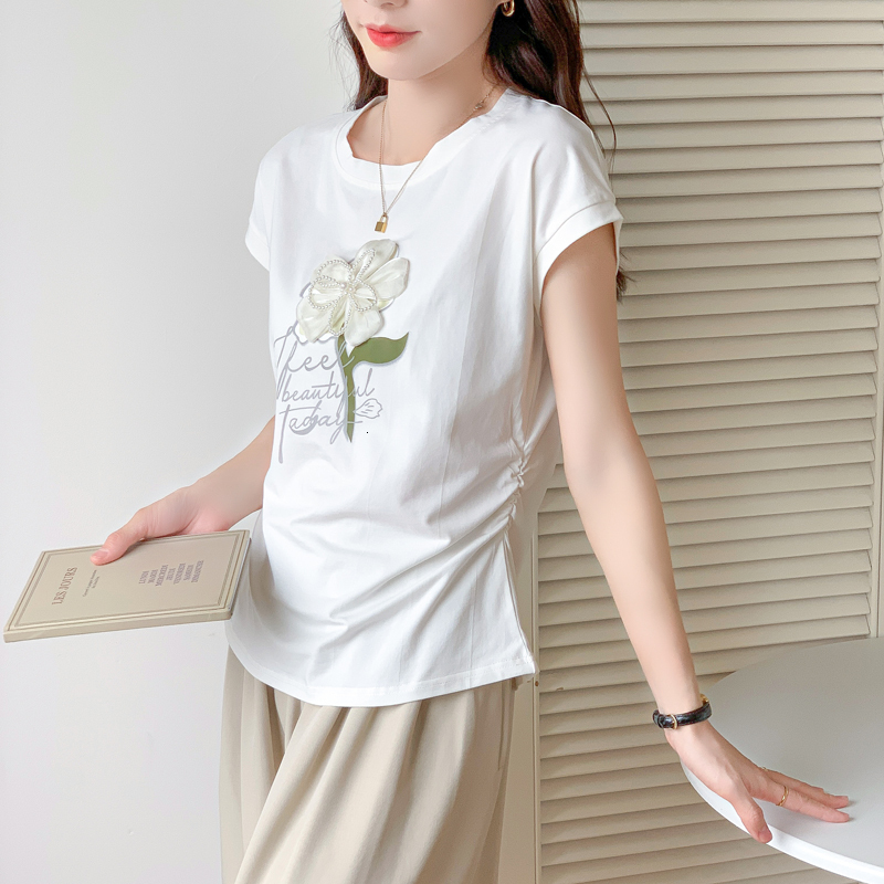 summer new round neck pure cotton pullover T-shirt with loose flowers and short sleeves, stylish anti-aging top for women