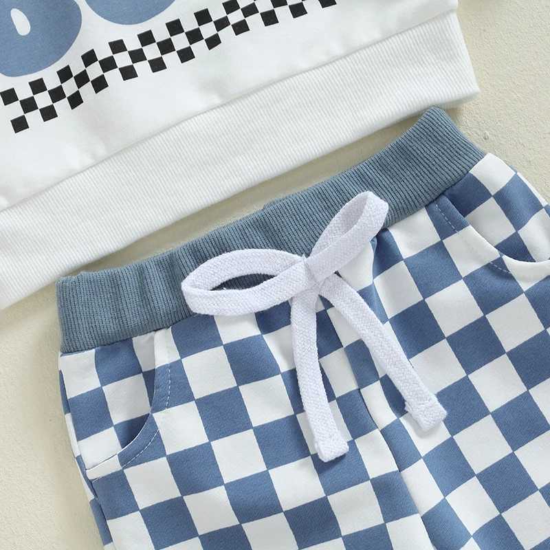 Clothing Sets 2024-05-30 Lioraitiin Boys Autumn 2PCS Outfit Sets Long Sleeve O Neck Letter Checkerboard Print Tops Drstring Pants Sets