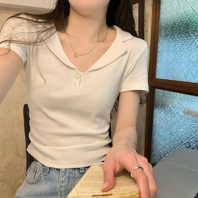 Unique Polo collar slim fit pure cotton sleeved T-shirt for women with waist cinching and drawstring, niche short top