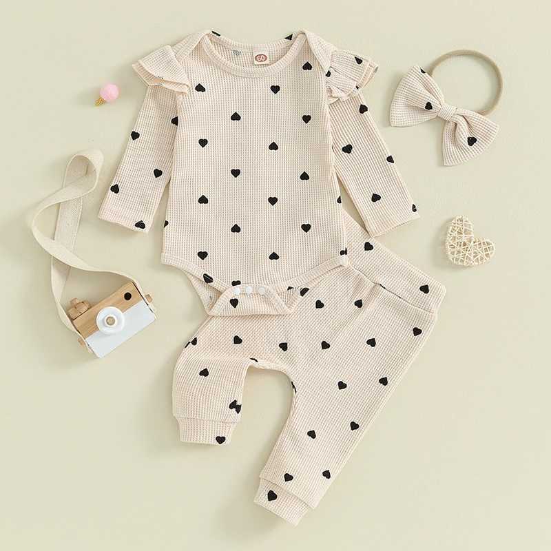 Clothing Sets 2023-09-12 Lioraitiin Infant Baby Girl Clothes Set Waffle Knit Heart Long Sleeve Romper Pants Headband Suit Outfits Fall Clothes