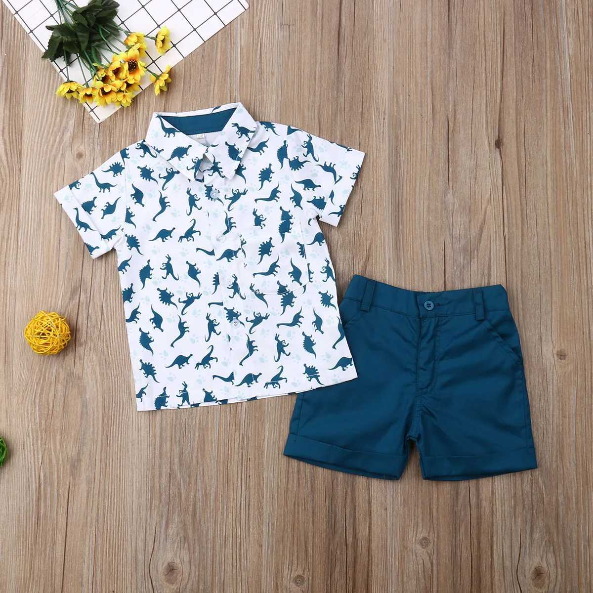 Clothing Sets Summer Children Clothes Set Infant Cartoon Dinosaur Print Short Sleeve Shirt + Solid Color Shorts Kid Toddler Boys Outfit