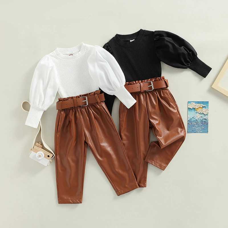 Clothing Sets 2022-06-13 Lioraitiin 0-6Years Toddler Girls T-shirt Trousers Fashion Ribbed Puff Long Sleeve Tops PU Leather Long Pants Belt