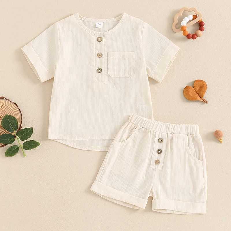 Clothing Sets Boys Girls Clothing Sets Summer Solid Cotton Linen T-shirts+Elasctic Shorts Kids Clothes Casual Children Clothing Sets
