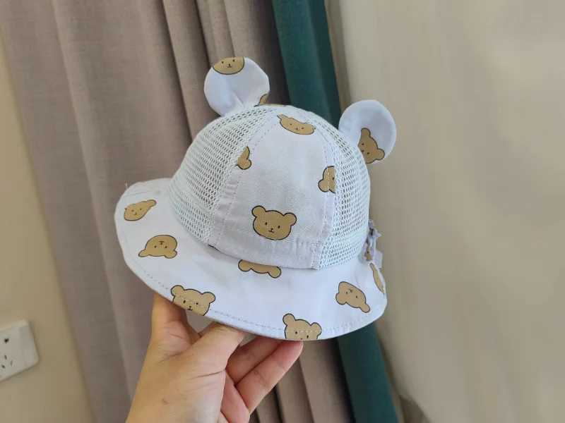 Cute Bear Baby Bucket Hat with Ears Boy and Girl Cartoon Cotton Mesh Breathable Sun Hat Childrens Outdoor Summer Childrens HatW240715
