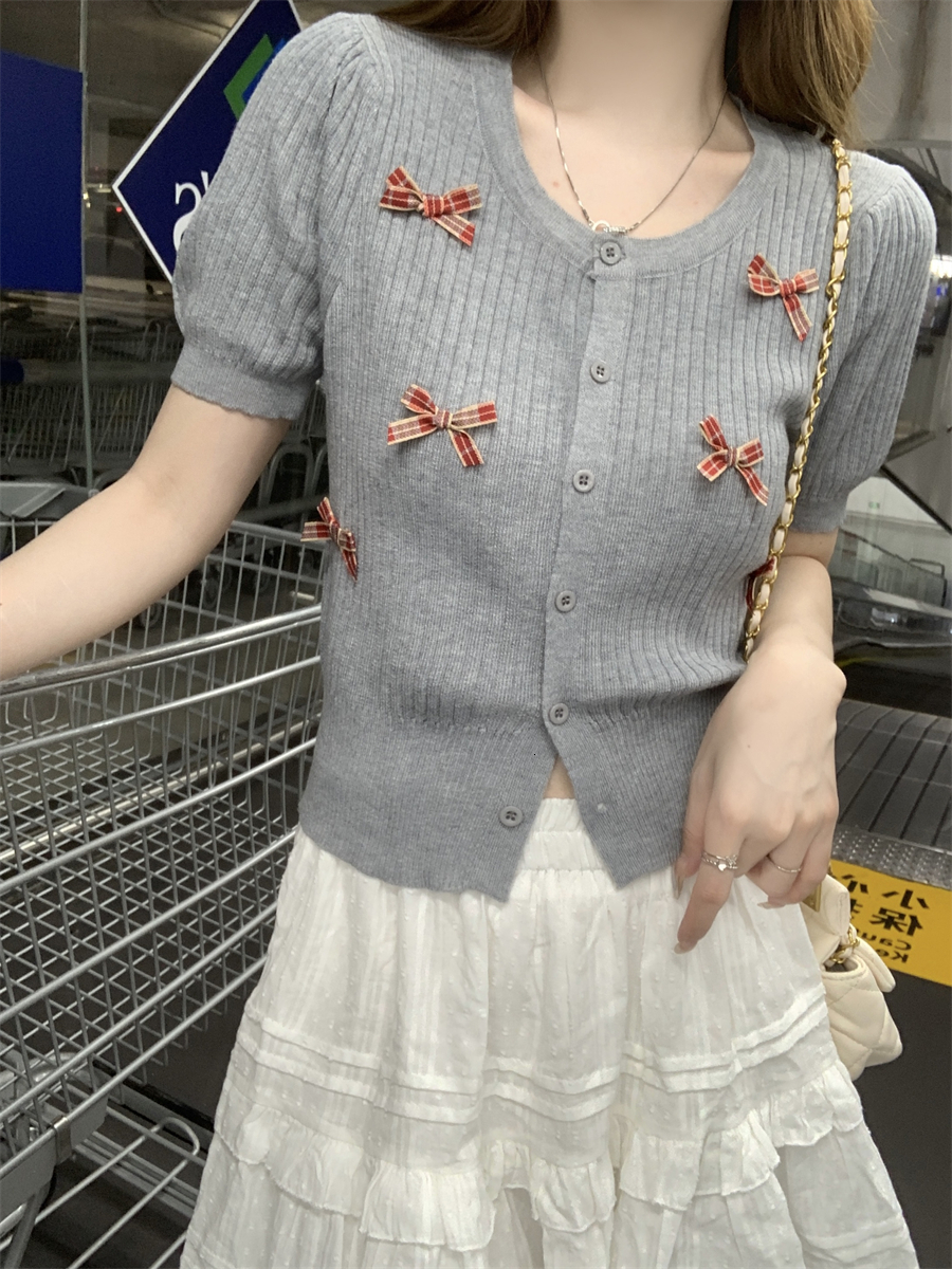 Sweet three-dimensional butterfly bow in summer, slim fit and slimming short sleeved knitted cardigan for women