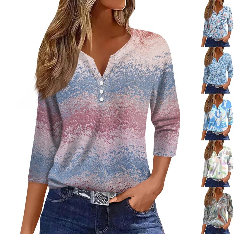 Womens T Shirts Spring And Summer Round Neck Three Quarter Sleeve Independence Day Printed Loose Top Youthful Woman Clothes Female Cloth