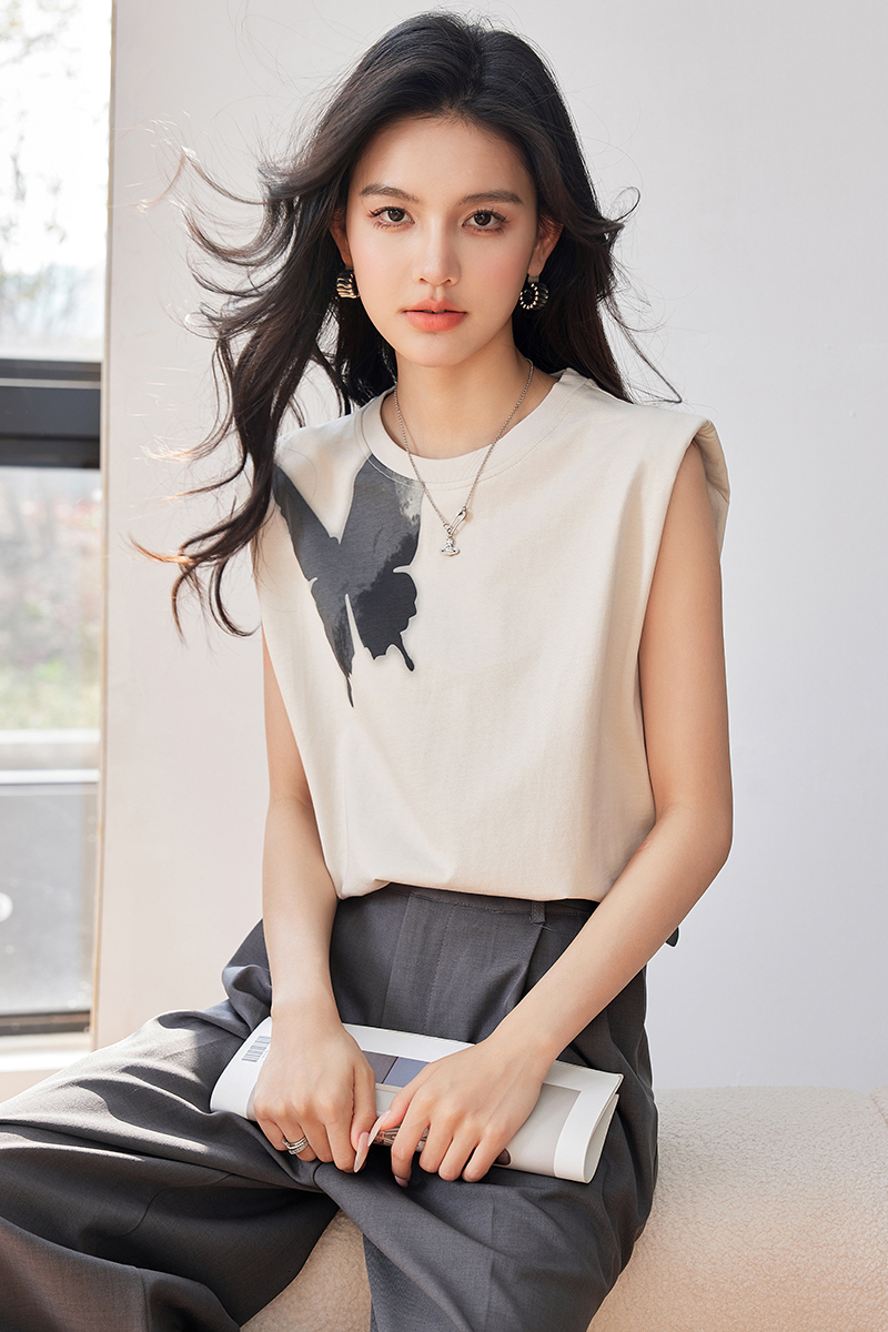 Butterfly silhouette printed pure cotton T-shirt vest women's top 2024 summer new half skirt