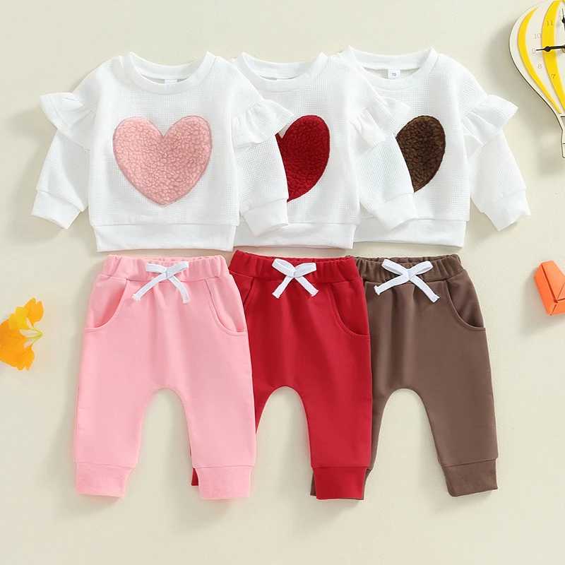 Clothing Sets 2024-05-24 Lioraitiin Toddler Girls Fall Outfits Heart Embroidery Ruffles Long Sleeve Sweatshirt and Elastic Sweatpants Set