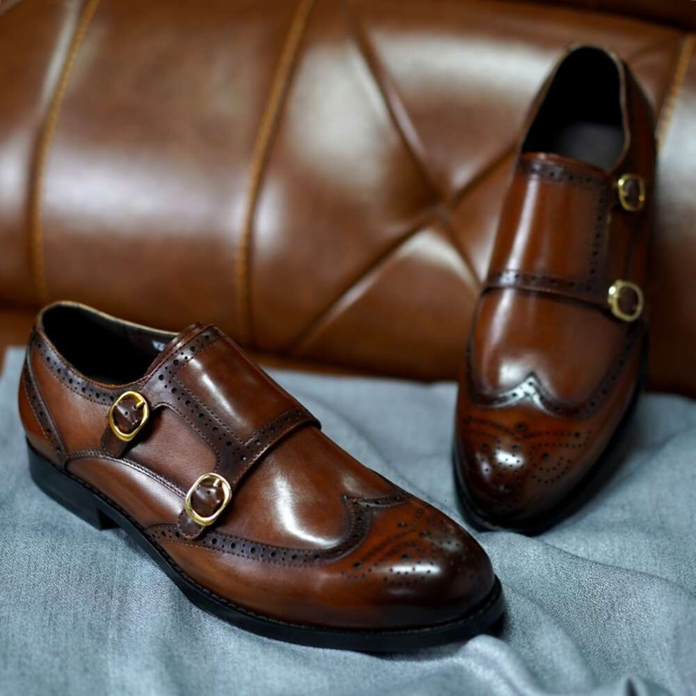 Classic Men Genuine Leather Dress Brogue Double Monk Strap Metal Buckle Business Office Wedding Formal Shoes