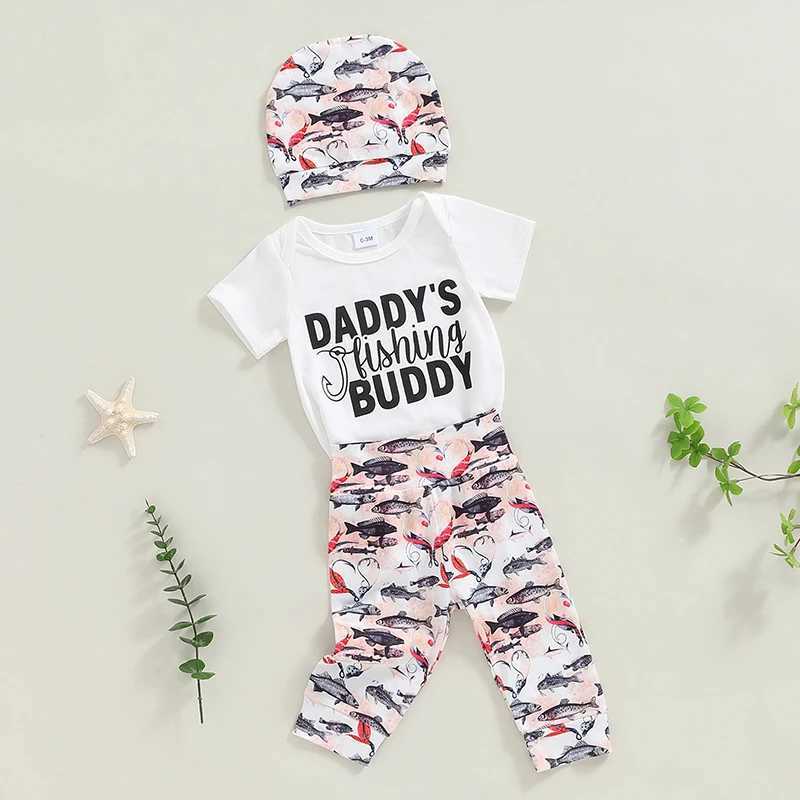 Clothing Sets 2024-04-28 Lioraitiin 3-Piece Baby Set Letter Print Short Sleeve Romper Tops Fish Print Long Trousers Headpiece Outfits