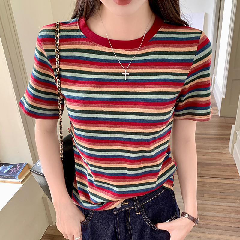 #Colorful striped American style shoulder short half sleeved T-shirt for women in summer, loose top