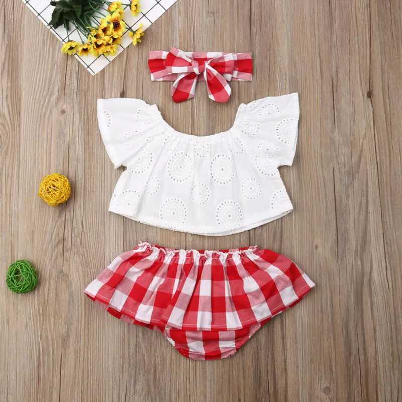 Clothing Sets Lioraitiin 3Pcs Set 0-24M Newborn Baby Girl Clothes Cute Summer Off Shoulder Lace Tops+ Red Plaid Short Dress Headband Outfit
