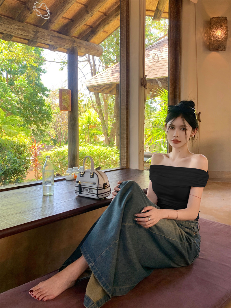 Spicy girl solid color one shoulder niche slim fit chic and exquisite top women's T-shirt