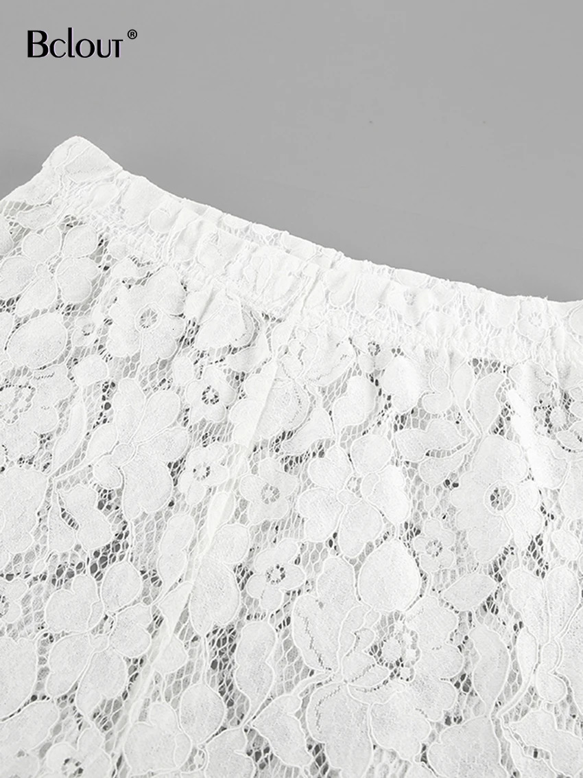 Bclout Elegant White Lace Flare Pants Women 2024 Fashion Thin Solid High Waist Long Trousers Spring Transparent Sexy Party Pants 240715