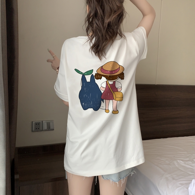 100% combed pure cotton printed summer short sleeved T-shirt for women loose fitting Korean version
