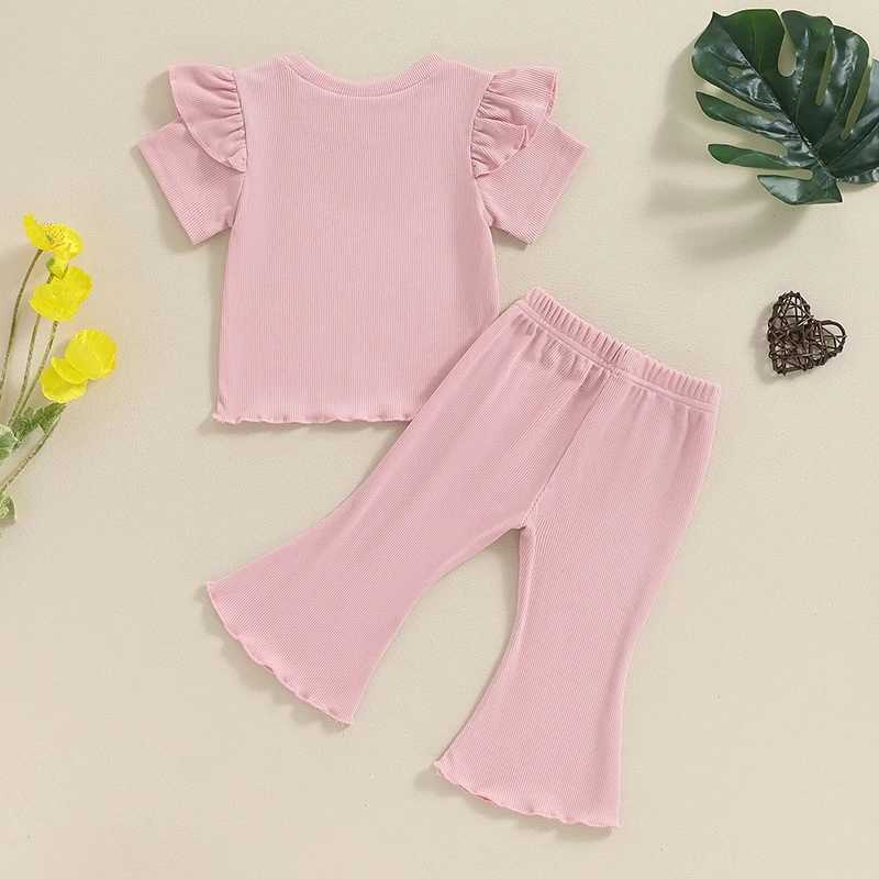 Clothing Sets 2024-04-18 Lioraitiin Little Girls Summer 2PCS Pants Sets Flying Sleeve Letter Print Tops Flared Pants Sets