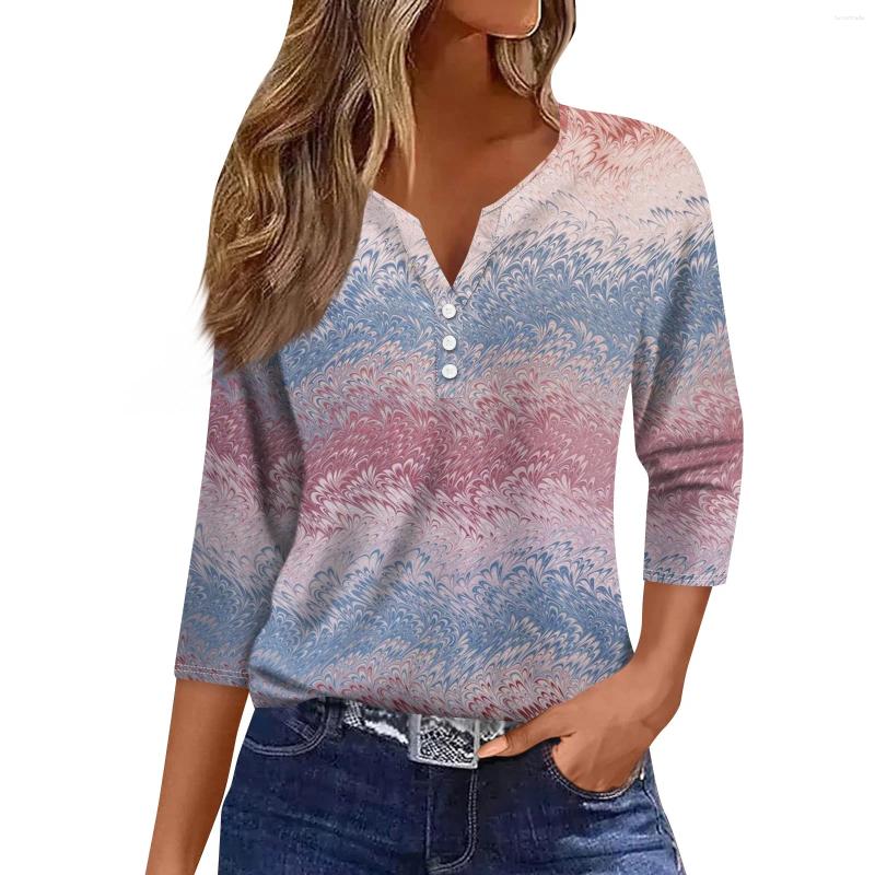 Womens T Shirts Spring And Summer Round Neck Three Quarter Sleeve Independence Day Printed Loose Top Youthful Woman Clothes Female Cloth