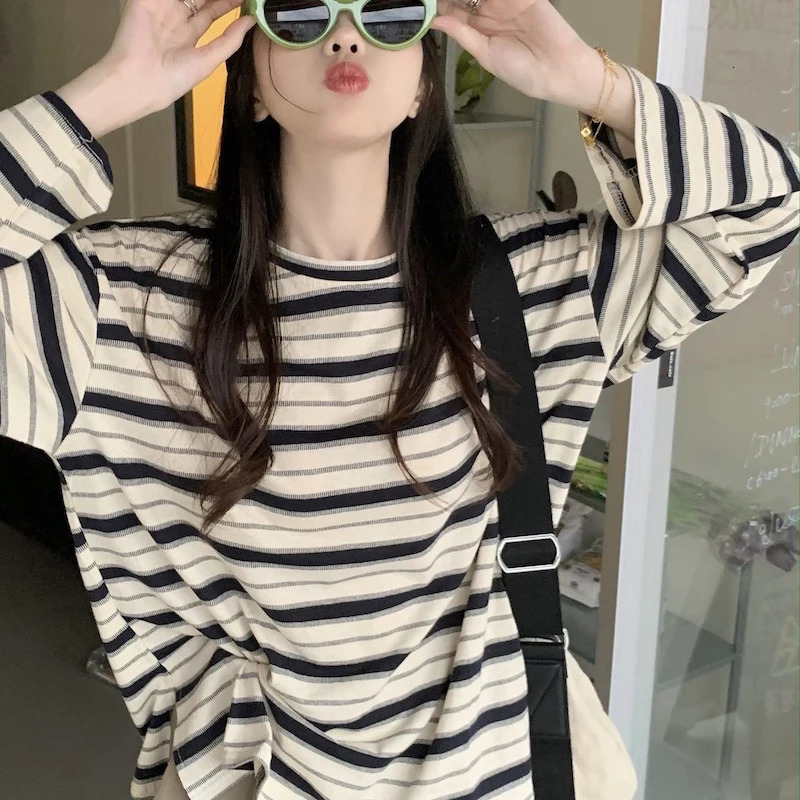 Spring Autumn Women Harajuku Striped T Shirt Long Sleeve ONeck TShirts Korean Casual Oversized Femme Pullover Tops 240712