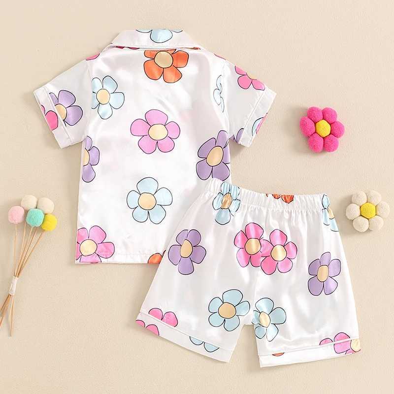 Clothing Sets 2024-04-18 Lioraitiin Little Girls Floral Print Pajama Set Short Sleeve Lapel Neck Single Breasted Tops Elastic Waist Shorts