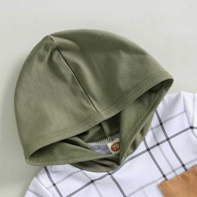 Clothing Sets 2023-03-10 Lioraitiin 0-3Years Toddler Boys 2Pcs Summer Outfits Short Sleeve Plaid Print Hoodie Tie Front Solid Shorts Set