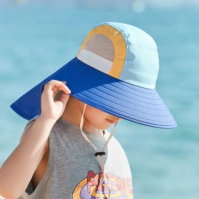 Summer baby sun hat with neck flaps UV protection strap wide brown beach hat childrens bucket hat boys and girls outdoorW240715