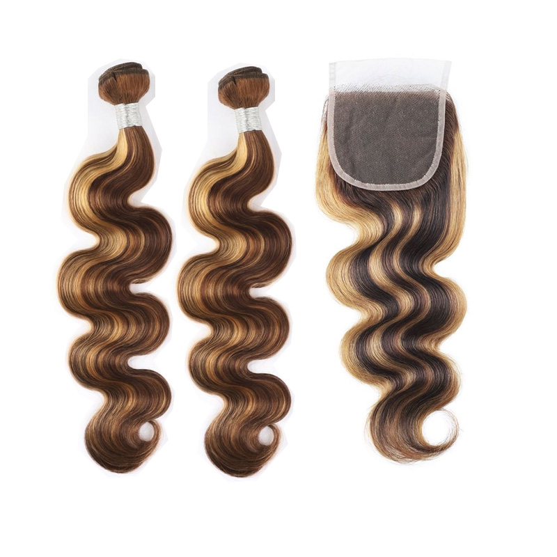 Brazilian Human Hair Body Wave Peruvian Virgin Hair Wefts 2 Bundles With 4X4 Lace Closure P4/27 Piano Color 3 PCS 10-30inch