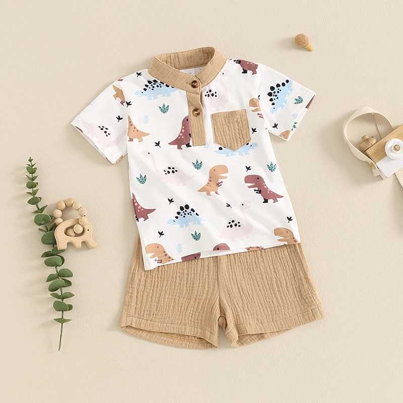 Clothing Sets 2024-04-01 Lioraitiin Summer Toddler Baby Boy Outfits Short Sleeve Band Collar Dinosaur Print T-Shirt+Shorts Set Casual Clothes