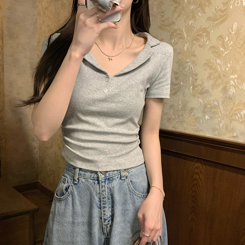 Unique Polo collar slim fit pure cotton sleeved T-shirt for women with waist cinching and drawstring, niche short top