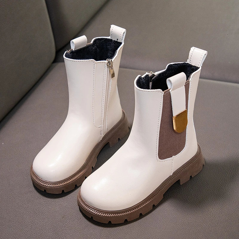 Girls Leather Long Boots Autumn Winter Childrens Rubber Boots Warm Fur Anti-skid Fashion Kids Classic Chelsea Boots Zipper 240711