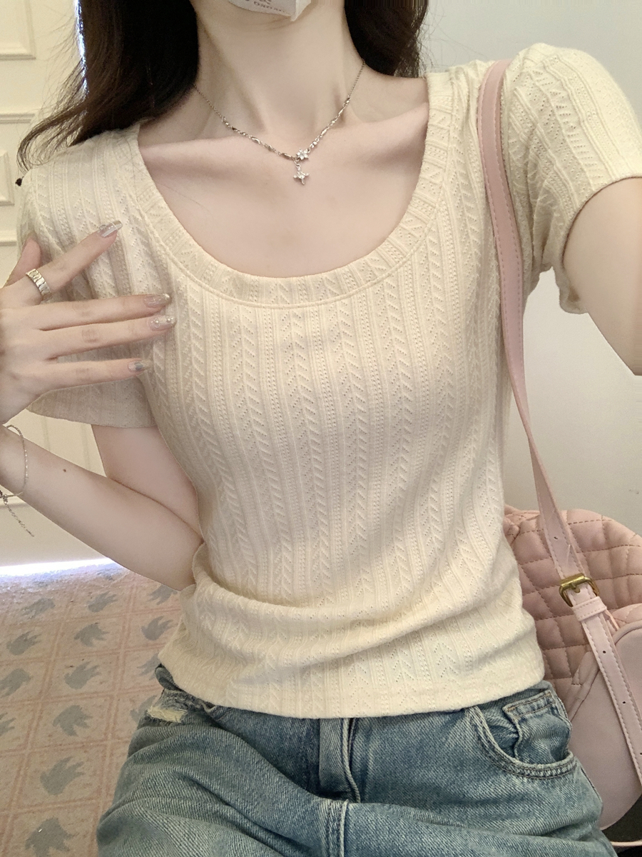 U-neck shoulder sleeved T-shirt 2024 summer new versatile slim fit t-shirt slimming short top trend