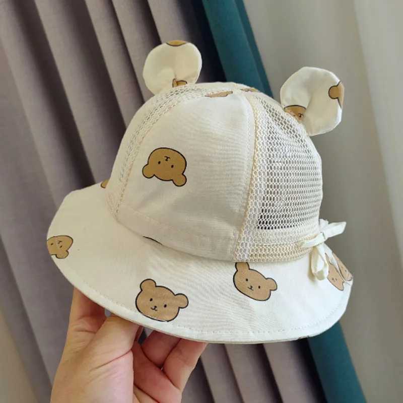 Cute Bear Baby Bucket Hat with Ears Boy and Girl Cartoon Cotton Mesh Breathable Sun Hat Childrens Outdoor Summer Childrens HatW240715