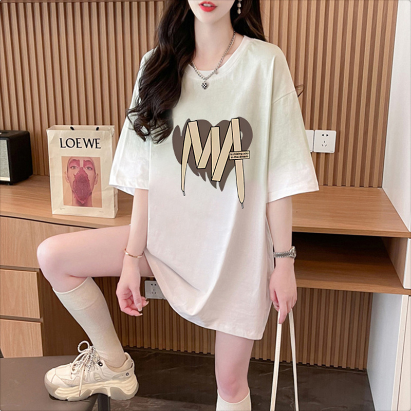 First release of pure cotton 2024 short sleeved for women's summer loose mid to long style gradient Korean version T-shirt