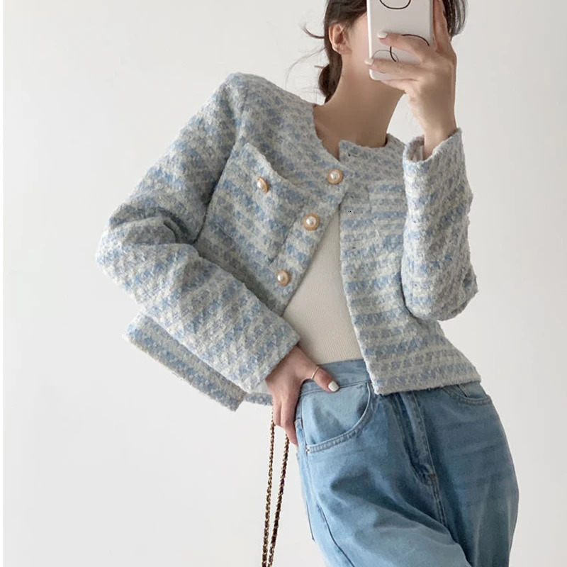 Rimocy Elegant Pearls Buttons Crop Jacket Women Korean Fashion Round Neck Tweed Coat Womans Pockets Chic Short Coats Female 240712