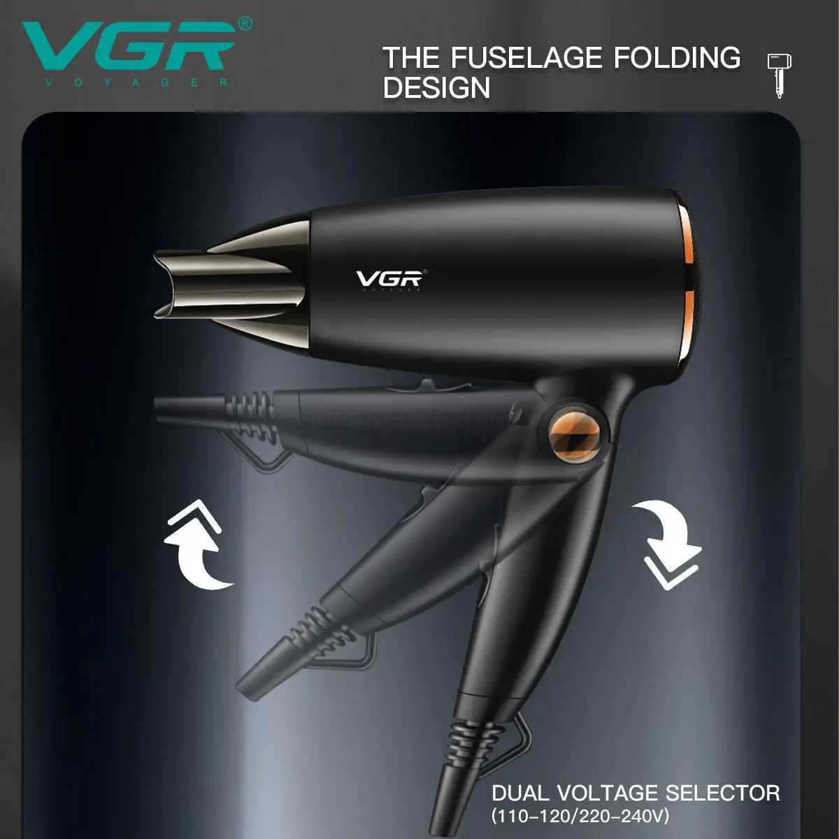 VGR Powerful Motor DC Mini Low Noise Professional Fast Dry Electric Travel Hair Blow Dryer with Foldable HandleB240715