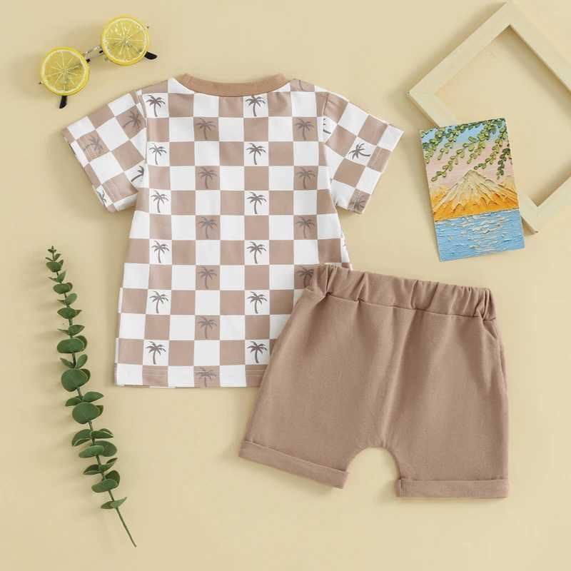 Clothing Sets Toddler Infant Baby Boys Summer Outfits Short Sleeve Plaid Tree Print T-shirt with Elastic Waist Shorts 2Pcs Clothes Set