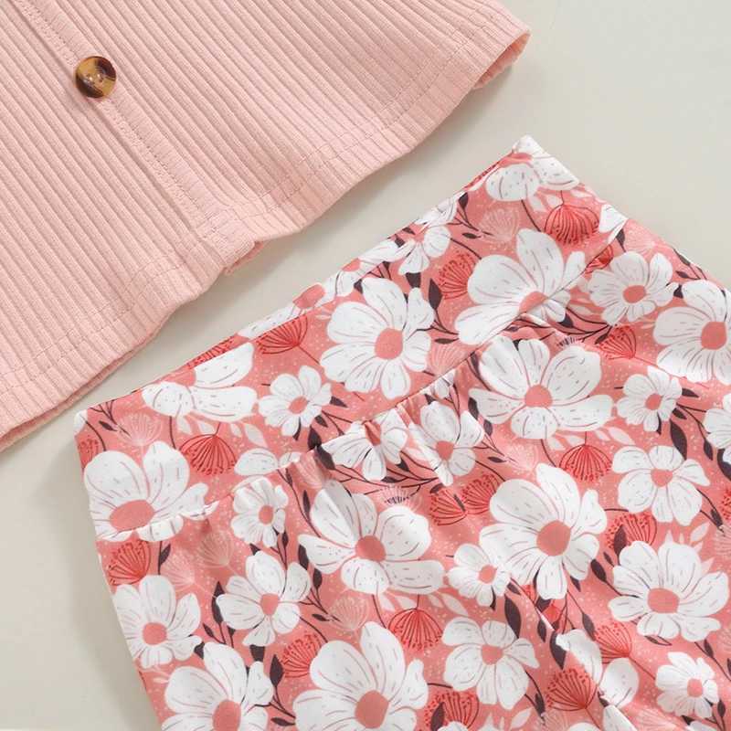 Clothing Sets 2024-05-05 Lioraitiin 1-5Y Kids Girls Pants Set Short Sleeve T-shirt with Flower Print Flare Pants Summer Outfit