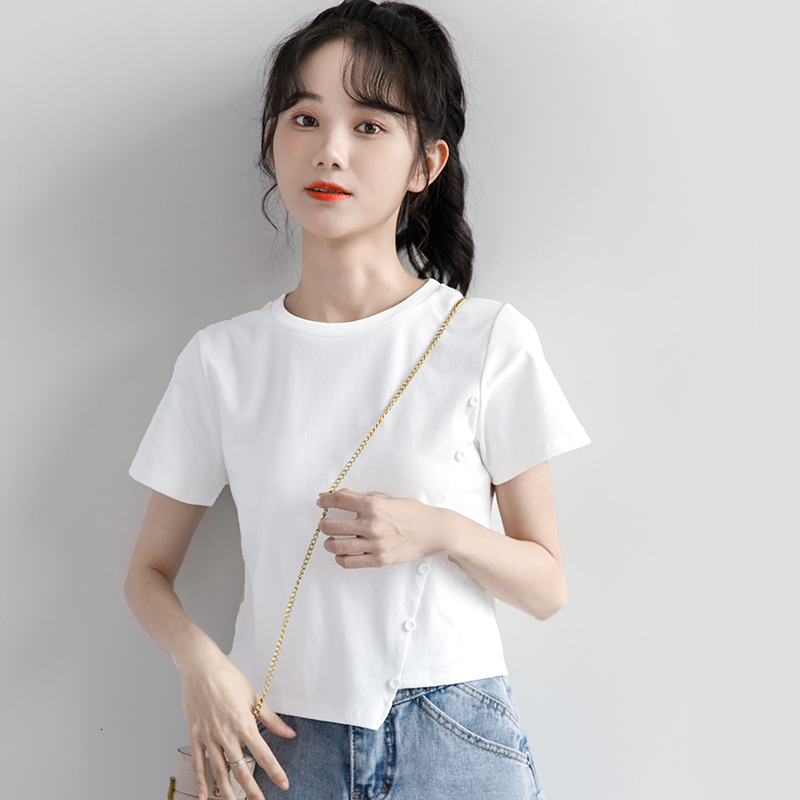 Short irregular short sleeved T-shirt for women's 2024 summer collection, slim fit waist design, niche and stylish top