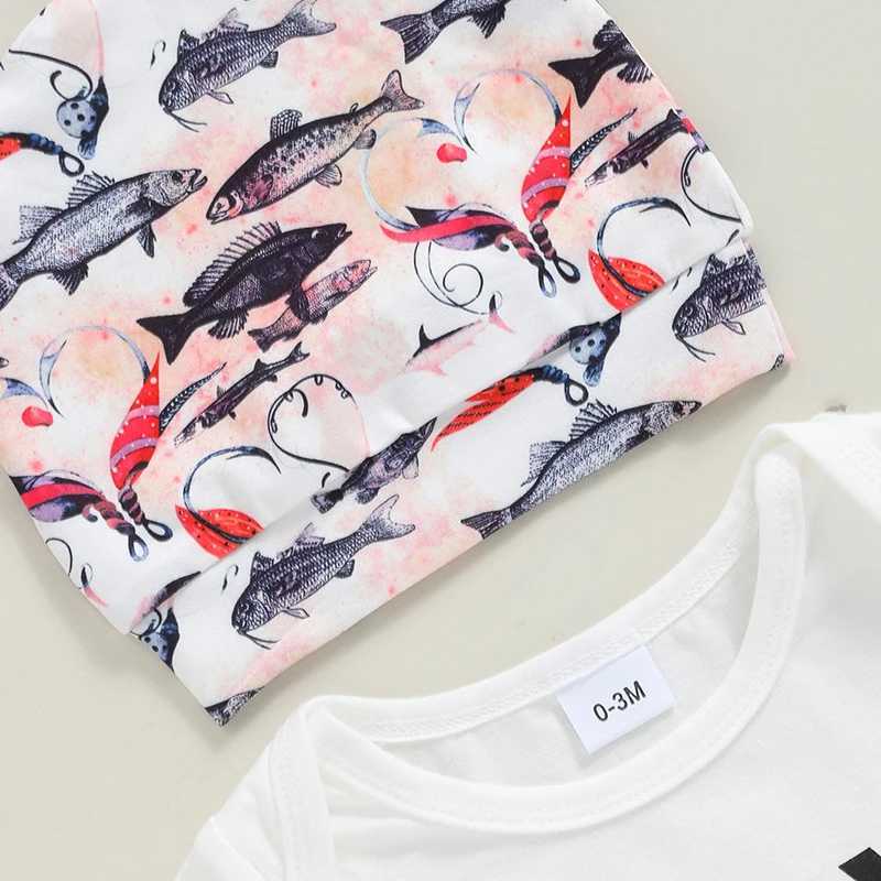 Clothing Sets 2024-04-28 Lioraitiin 3-Piece Baby Set Letter Print Short Sleeve Romper Tops Fish Print Long Trousers Headpiece Outfits