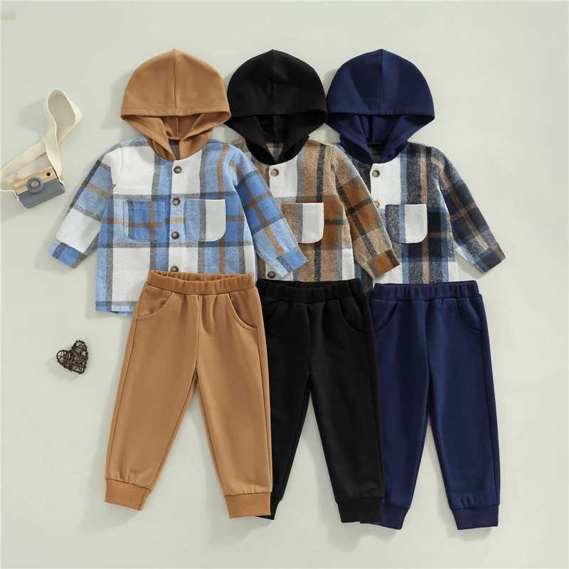 Clothing Sets Children Outfit Kid Boy Autumn Clothes Set Plaid Print Long Sleeve Button Hood Shirt Coats + Solid Color Casual Trousers