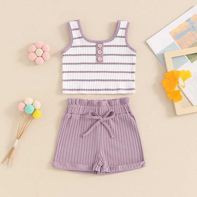Clothing Sets 2024-04-01 Lioraitiin Toddler Baby Girl Summer Ribbed Set Striped Round Neck Sleeveless Tank Tops Elastic Waist Shorts Outfits