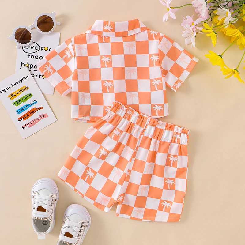 Clothing Sets 2024-05-20 Lioraitiin Kid Girl Boy Summer Outfits Checkerboard Print Short Sleeve Lapel Button Down T-Shirt Elastic Waist Shorts