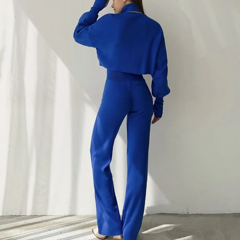 Womens Fall Solid Knitted 2 Pieces Set Long Sleeve Turtleneck Pullover Sweater Top and High Waist Pants Loose Outfits N7YD 240712