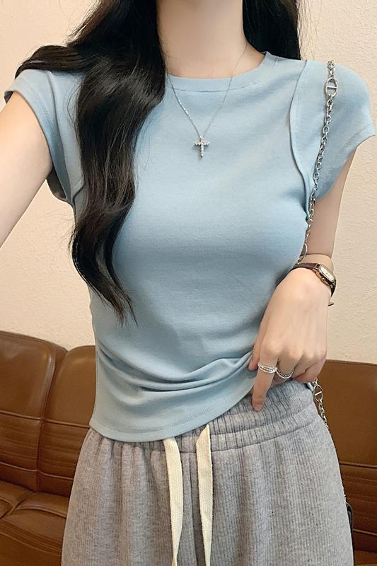 Design sense niche slim fit round neck sleeved T-shirt for women 2024 summer new small short base top