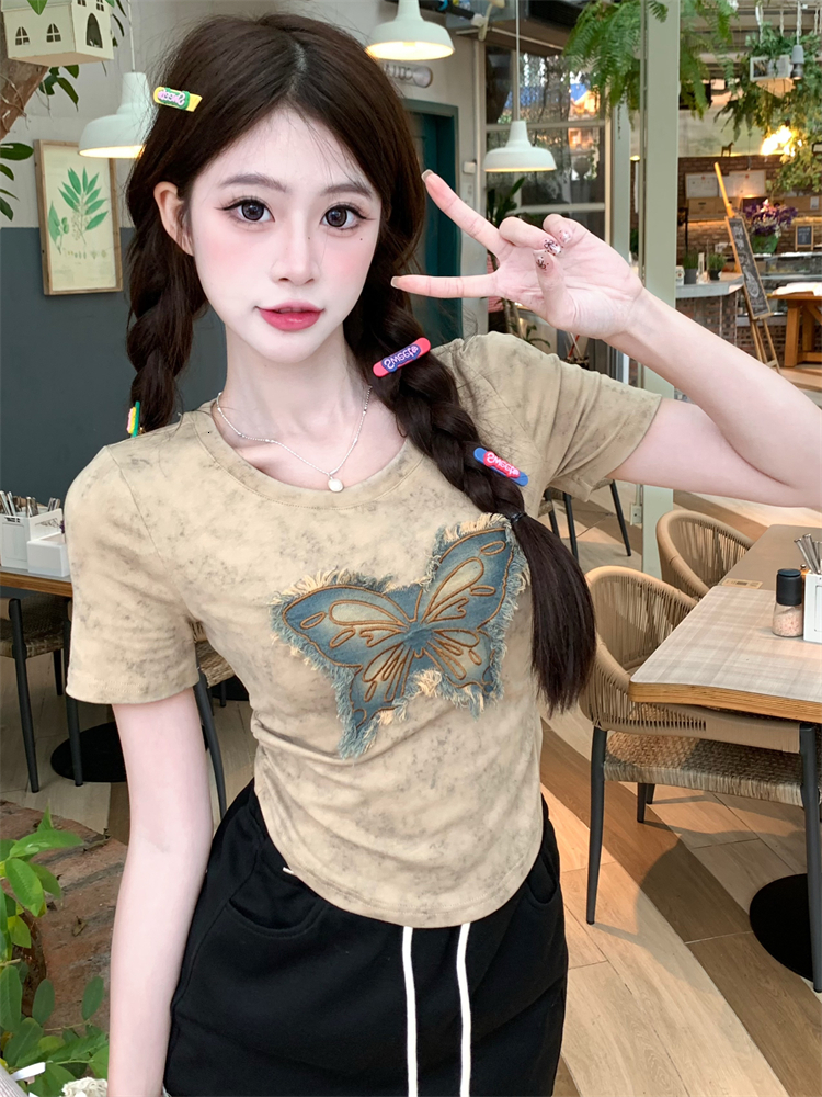 #Large size chubby MM American tie dye T-shirt for women 2024 summer wear with pleated waist and short sleeved design, butterfly top