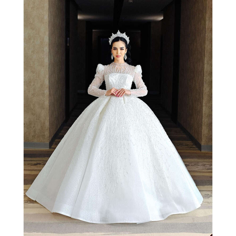 Dubai Ball Gown Wedding Dresses Long Sleeves Appliques Lace Bridal Custom Made Sweetheart Beading Robes De Mariee