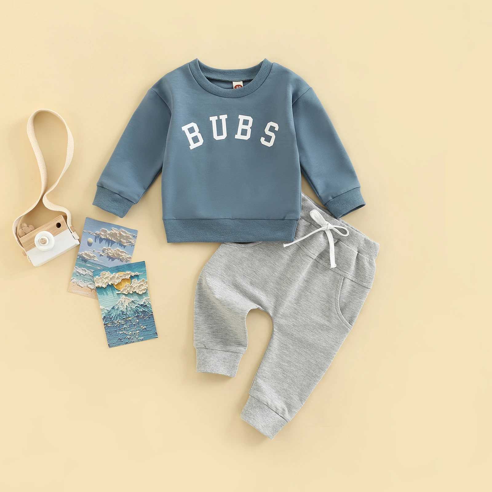 Clothing Sets 2022-08-18 Lioraitiin 0-3Years Toddler Baby Boys Letter Print Round Neck Long Sleeve Tops Tie-Up Long Pants 2Pcs Outfit